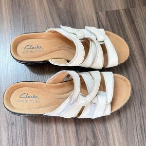 Clarks White Triple-Strap Slide Sandals